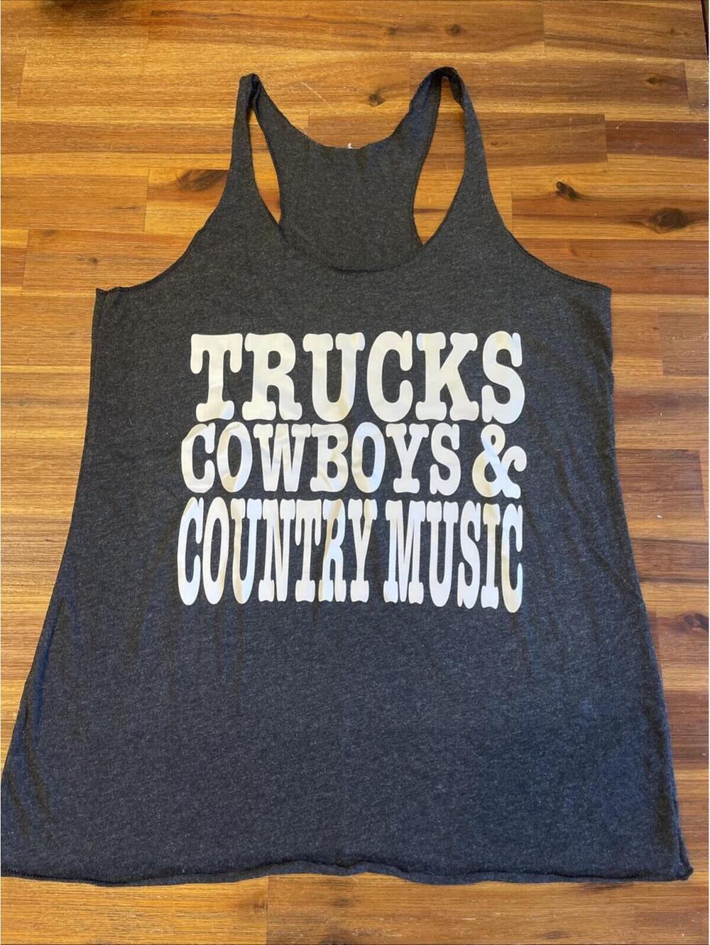 Trucks Cowboy Country Music Racer Back Charcoal Gray Tank Raw Hem Womens Med